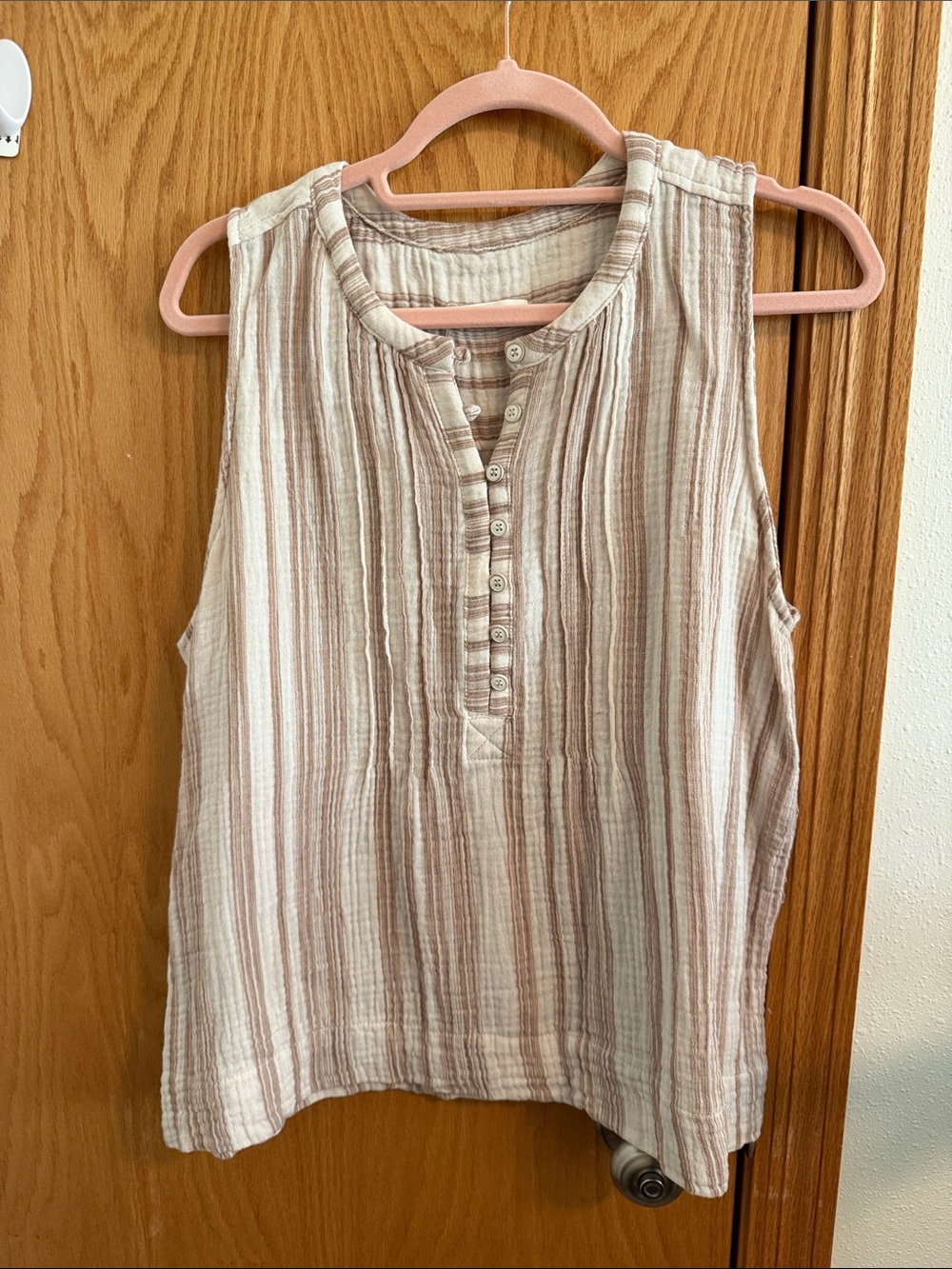 Sleeveless Striped Henley Top in Soft Beige and Blush